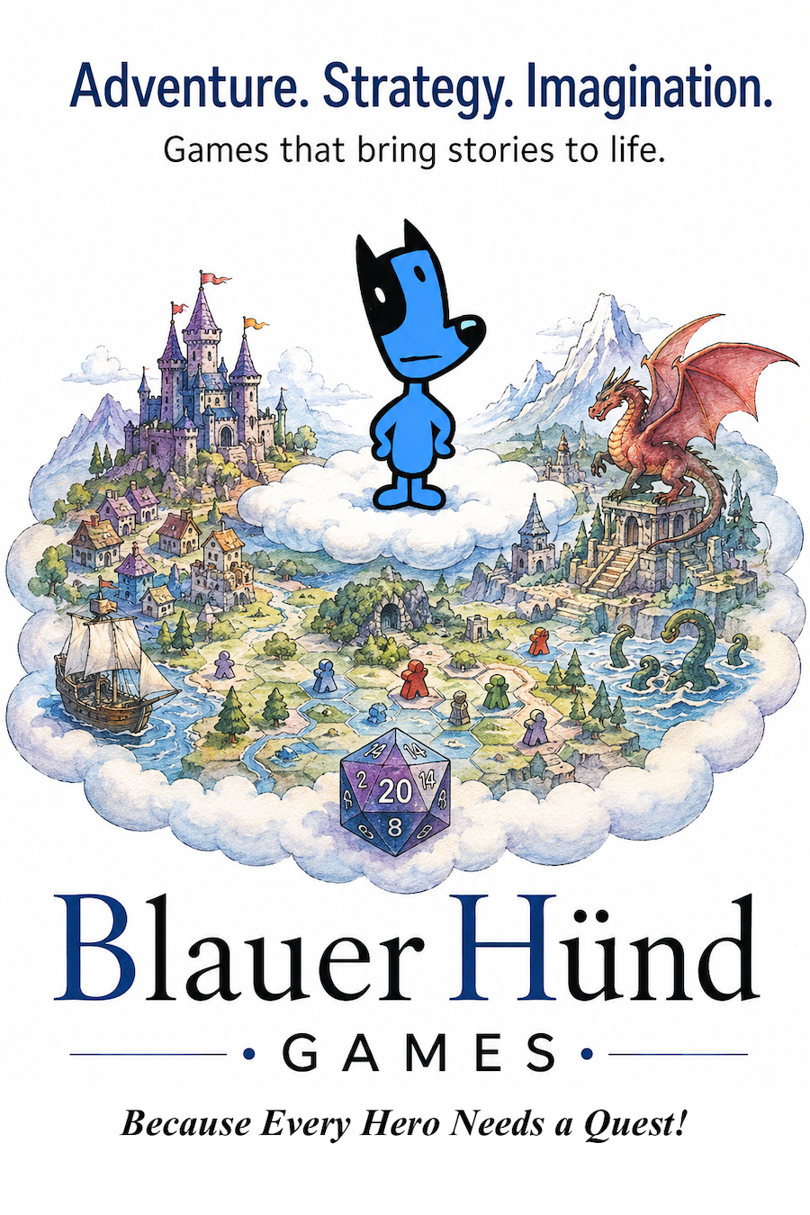 BlaurHünd Games fantasy world with castle, dragon, sea monster, game pieces and a twenty-sided die.